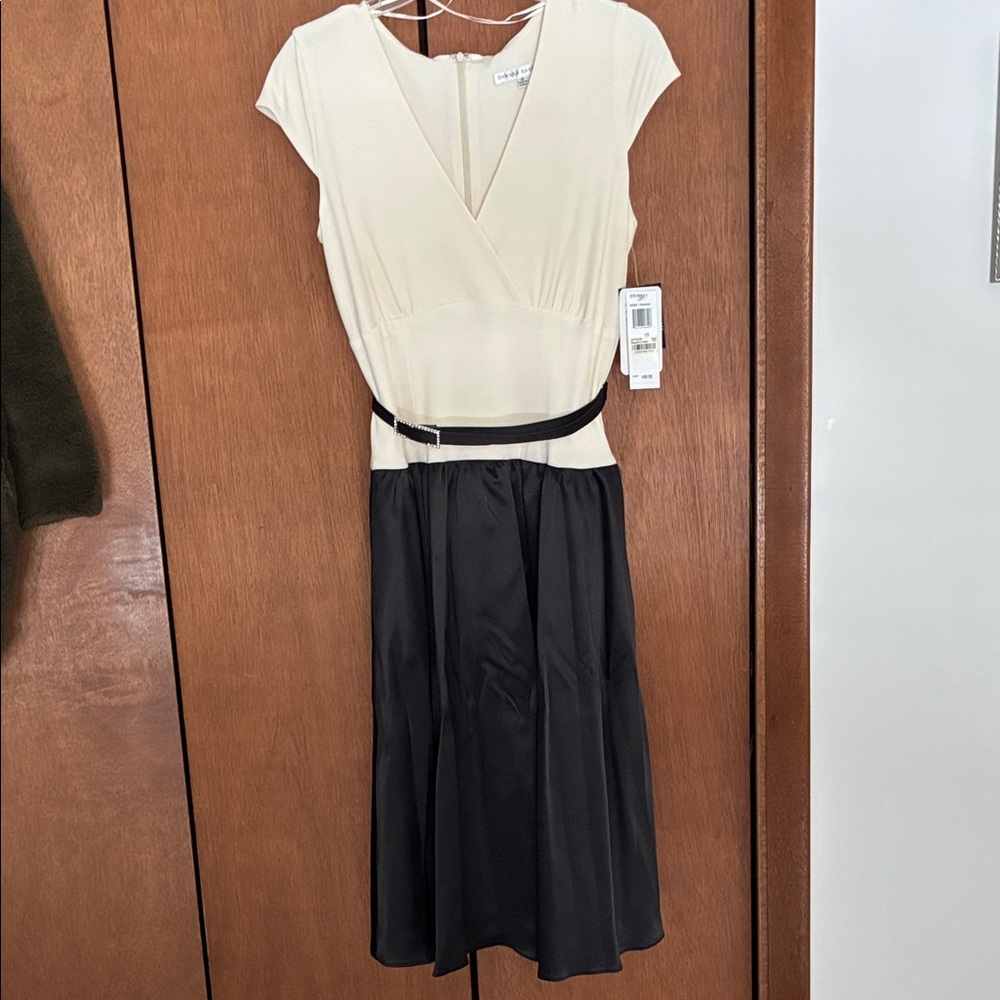 Sandra Darren Cream and Black Faux-Wrap Midi Dress with Belt